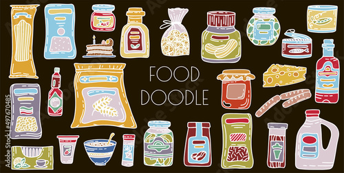 Vector doodle grocery store products. Hand drawn scetch icons. Food and drink. Natural canned, bakery and cereal products