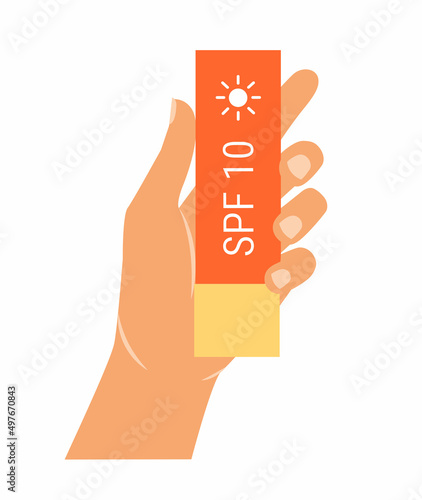 Hands squeeze sunscreen lotion. Bottle with sunscreen. Skin care concept. Summer, the beach. spf cream. Protection against skin cancer. Shape of Sun. Vector flat illustration isolated