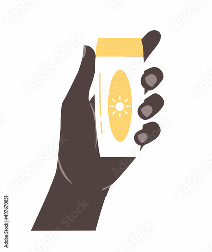 A swarthy hand holds a tube of sunscreen. Cosmetic product isolated on white background. Good for banner, advertisement, poster. Protecting the skin from UV rays and cancer. Body and skin care.