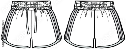 Sport shorts elastic waist band drawstring athletic short pants flat sketch vector illustration. front and back template. CAD mockup.