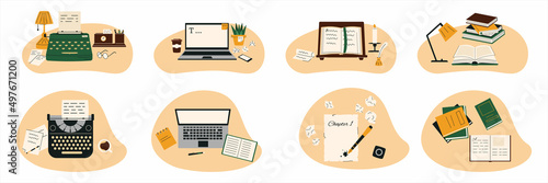 Set of writing concept. Concept of computer work, text typing, posting, writing books. Laptop and type writer flat illustration. photo