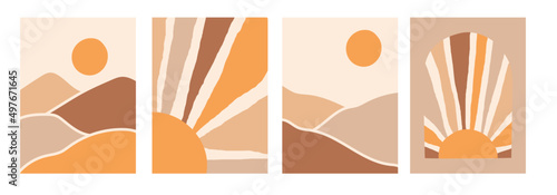 Collection of modern simple minimalist abstract landscapes in boho style: mountains and sun on a colored background