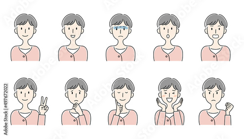 手描き風・いろいろな表情の女性のベクターイラストセット