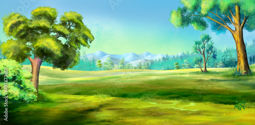 Big trees on the background of the steppe landscape