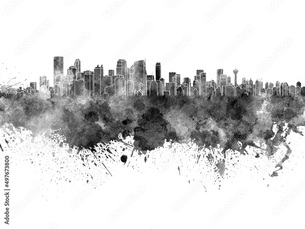 Calgary skyline in black watercolor on white background
