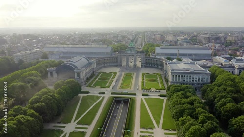 Brussels, Belgium. Park of the Fiftieth Anniversary. Park Senkantoner. The Arc de Triomphe of Brussels (Brussels Gate), Aerial View Hyperlapse photo