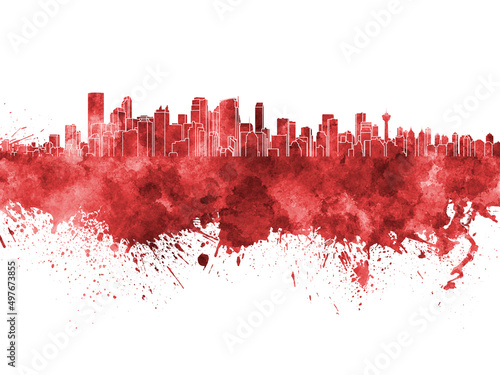 Calgary skyline in red watercolor on white background