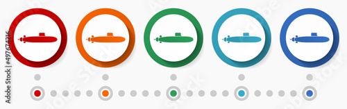 Submarine, army concept vector icon set, infographic template, flat design colorful web buttons in 5 color options
