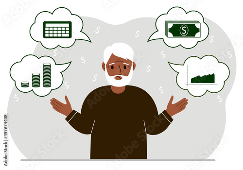 Sad old man thinking about finances. In my thoughts money, calculator, charts. For posters, banners, websites.