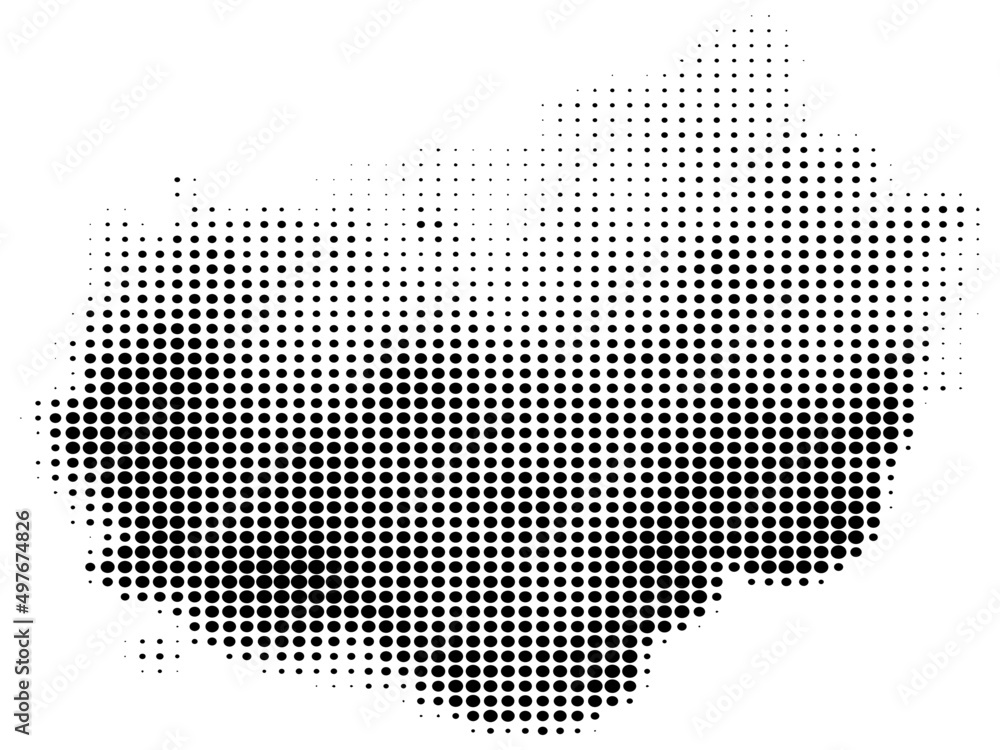 Blob of retro halftone effect, pattern. Monochrome, grayscale, gradient, dotted shape. Black dots, spots texture. Use for mark making, overlay, comic books, shading or montage. Transparent background.