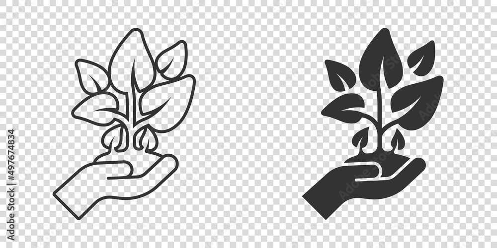 Hand with plant icon in flat style. Flower sprout vector illustration on white isolated background. Environmental protection sign business concept.