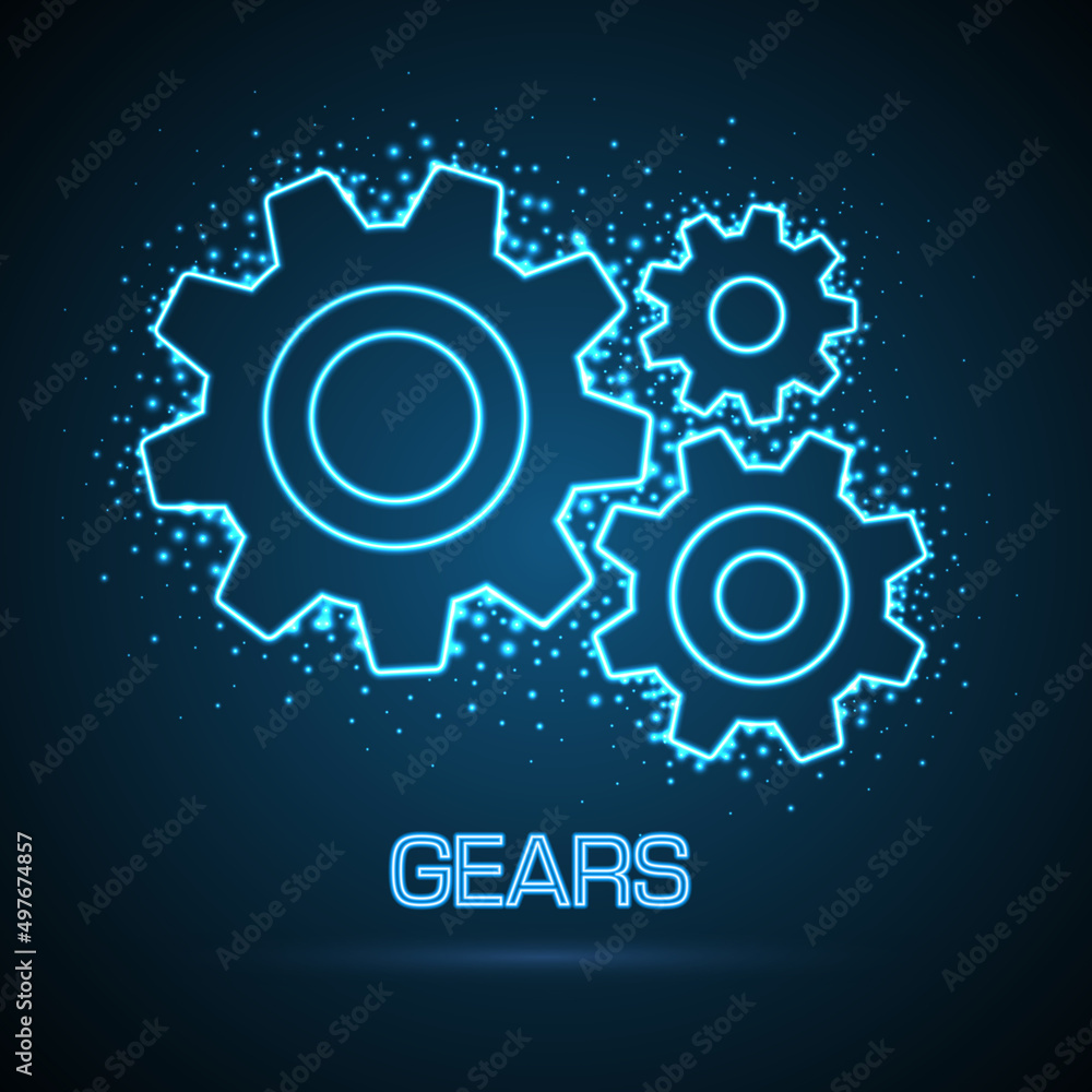 Group of neon gears on dark blue background. Neon Cog icon design. Vector illustration