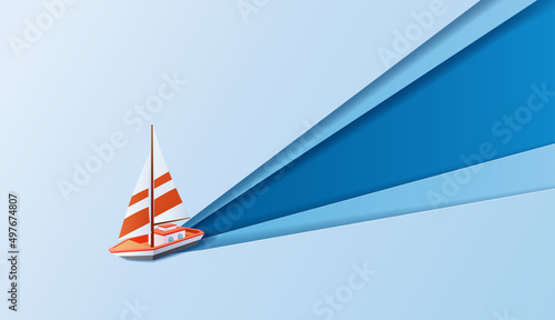 Paper art of Sailboat floating and cut a paper at the same time, Journey and travel concept