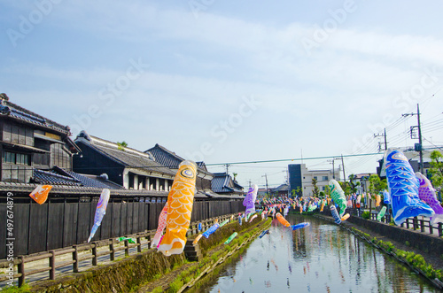 The Japanese Carp Fish Flags at The storehouses along the shore of the Uzumagawa River in Tochigi town.The Japanese letters means The History and Legend of Togichi town. 