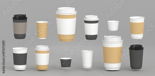 3D Coffee cups with sleeves, open and closed lids, packaging mockup. Realistic set blank disposable black, white and kraft paper mugs for take away hot drinks isolated on grey background, 3D render