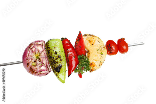 Grilled vegetable with stainless steel skewers with tomato, pineapple, red pepper, bell pepper and onion isolated on white background. food for camping, party.