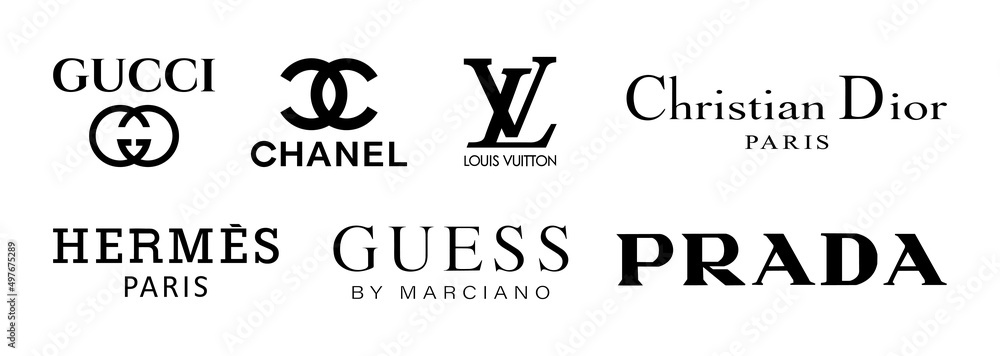 Lombok, Indonesia - April 8, 2022: Top and most popular clothing brands. Louis  Vuitton, GUCCI, Hermes, Christian Dior, Guess, Chanel, Prada. Stock Vector