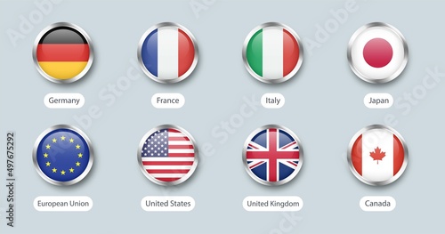The group of seven flags. G7 flag with members countries names. Vector Canada, France, Germany, Italy, Japan, United Kingdom, United States silver badges.