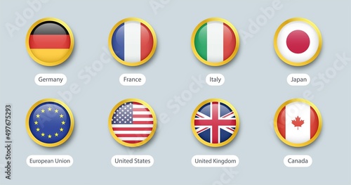 Free Download The group of seven flags. G7 flag with members countries names. Vector Canada, France, Germany, Italy, Japan, United Kingdom, United States gold badges. - GFXLoad