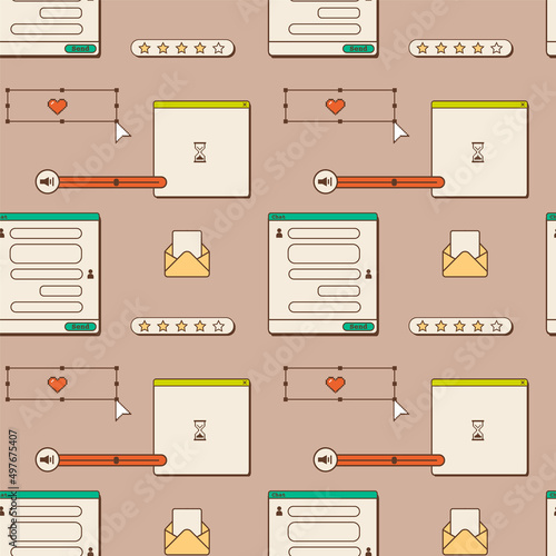 Old computer aesthetic seamless pattern. 1980s 1990s nostalgia background with retro screen panel with user interface elements. Chat window with buttons, dialog box and mail icon. Vector illustration.