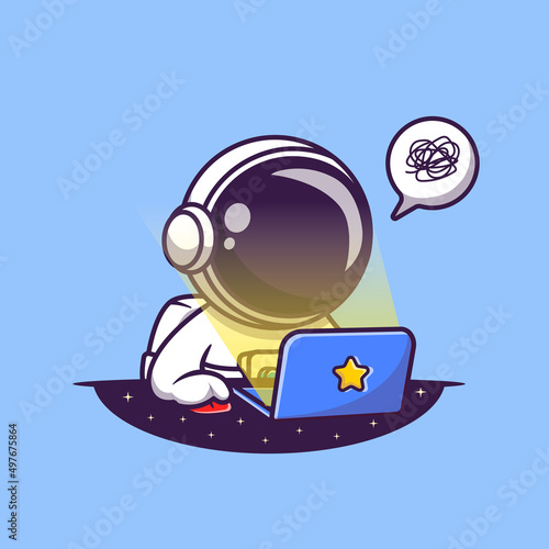 Cute Astronaut Working On Laptop Cartoon Vector Icon Illustration. Science Technology Icon Concept Isolated Premium Vector. Flat Cartoon Style