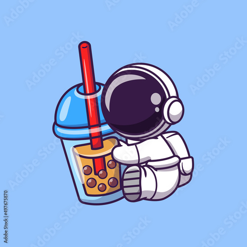 Cute Astronaut Holding Boba Milk Tea Cartoon Vector Icon Illustration. Space Food And Drink Icon Concept Isolated Premium Vector. Flat Cartoon Style