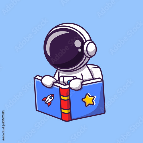 Cute Astronaut Reading Book Cartoon Vector Icon Illustration. Science Education Icon Concept Isolated Premium Vector. Flat Cartoon Style