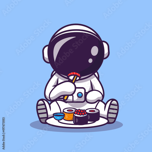 Cute Astronaut Eat Sushi Cartoon Vector Icon Illustration. Science Food Icon Concept Isolated Premium Vector. Flat Cartoon Style