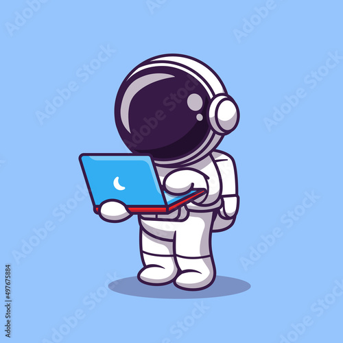 Cute Astronaut Working On Laptop Cartoon Vector Icon Illustration. Science Technology Icon Concept Isolated Premium Vector. Flat Cartoon Style photo