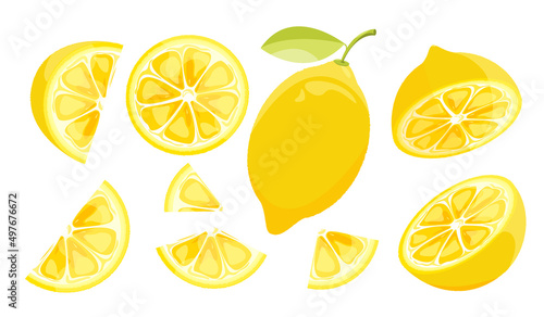 Collection of lemons.A set of lemon icons, slices, lemon cut in half, lemon circles.Vector illustration of lemons for banners, postcards, social networks, websites.