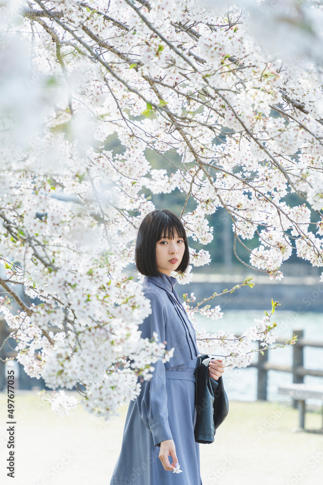 桜満開の中を散策する女性