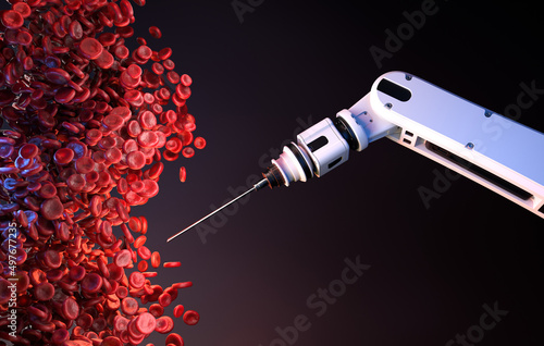 Fotografie A robot is examining human red blood cells, nanotechnology concept