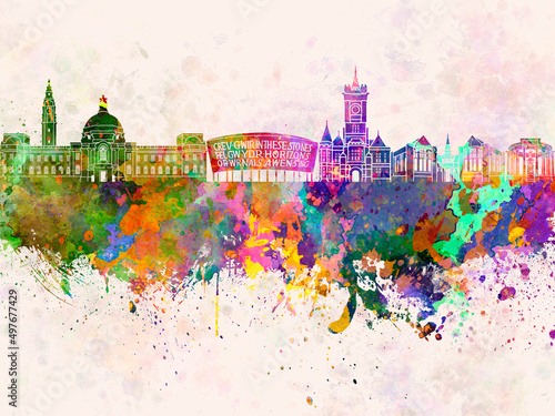 Cardiff skyline in watercolor background