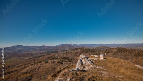 Beautiful panorama of sights around Silentabor  a picturesque village on the top of a hill at slovenian karst region around Pivka on a sunny day.