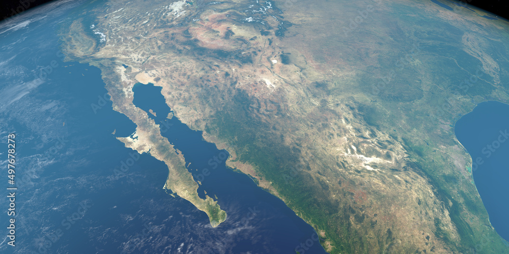 Baja California peninsula in earth planet. Aerial view. 3d render - obrazy, fototapety, plakaty 