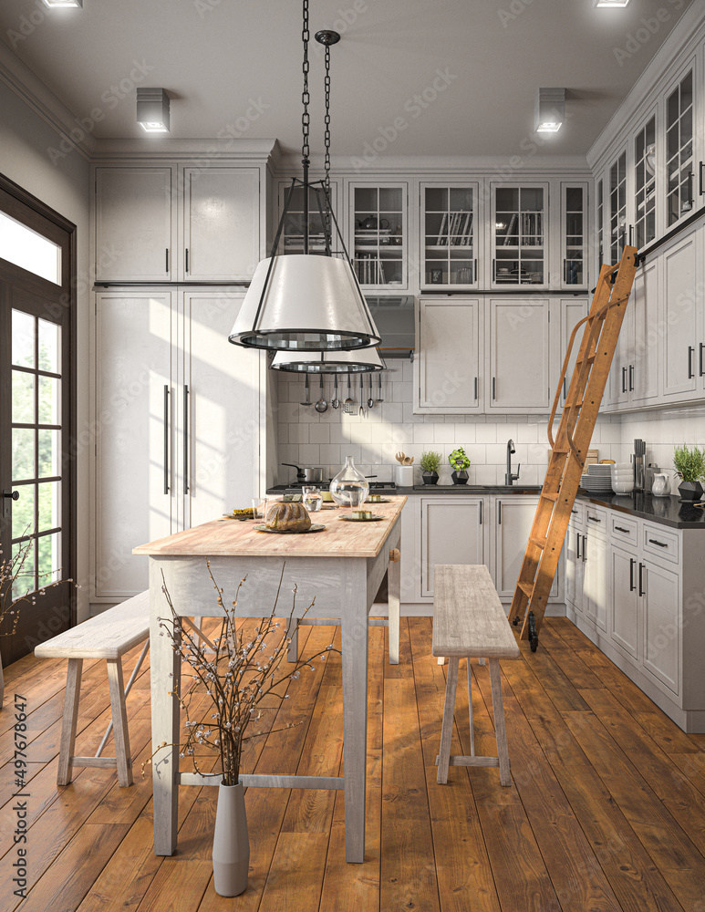 Küche im Landhaus-Stil mit Leiter Stock-Illustration | Adobe Stock