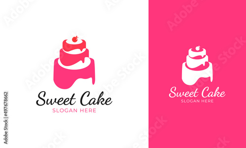Sweet cake logo design with a cherry icon for wedding party or birthday