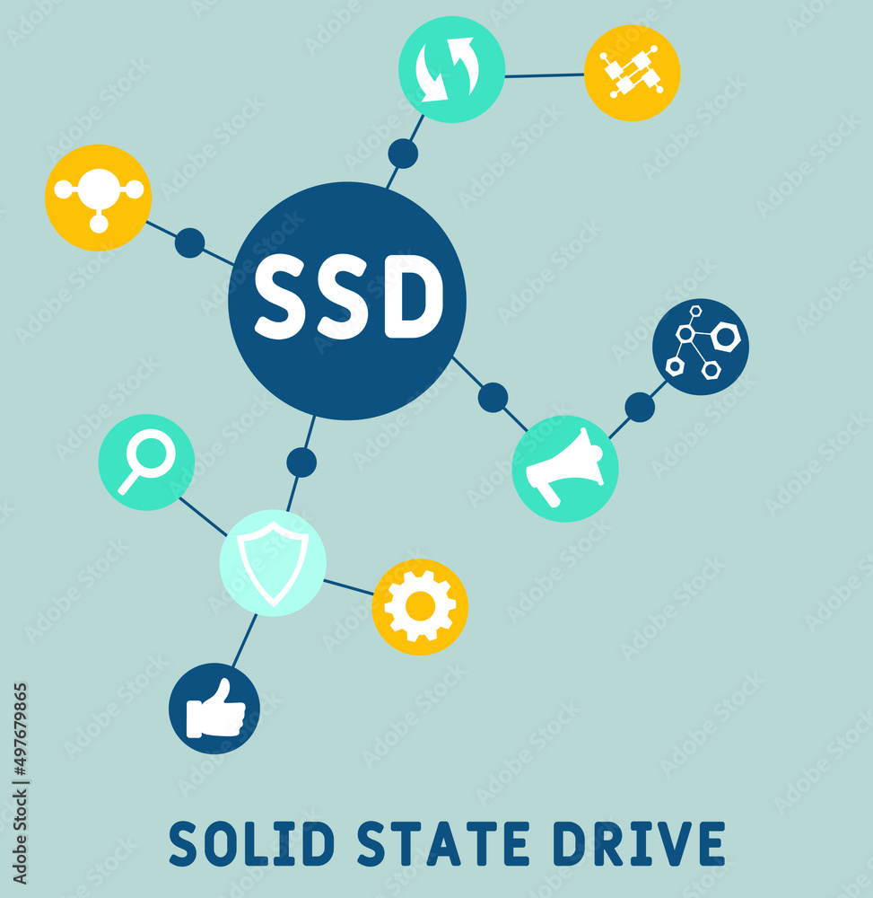 SSD - Solid State Drive acronym. business concept background. vector illustration concept with keywords and icons. lettering illustration with icons for web banner, flyer, landing pag SSD - Solid State Drive acronym. business concept background. vector illustration concept with keywords and icons. lettering illustration with icons for web banner, flyer, landing pag