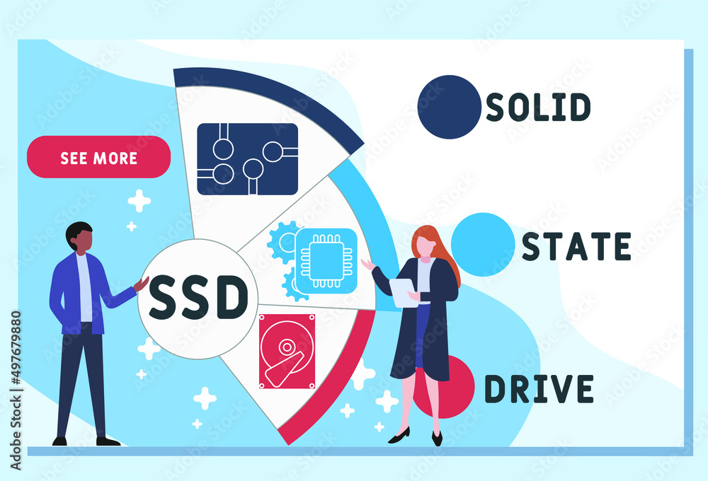 SSD - Solid State Drive acronym. business concept background. vector illustration concept with keywords and icons. lettering illustration with icons for web banner, flyer, landing pag SSD - Solid State Drive acronym. business concept background. vector illustration concept with keywords and icons. lettering illustration with icons for web banner, flyer, landing pag