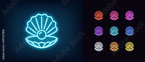 Outline neon shell icon. Glowing neon pearl with open shell silhouette, seashell pictogram. Luxury pearl