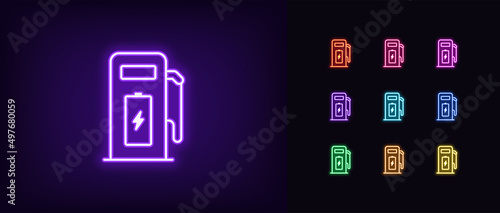 Outline neon electric station icon. Glowing neon charging station with battery and lightning sign, charge point pictogram