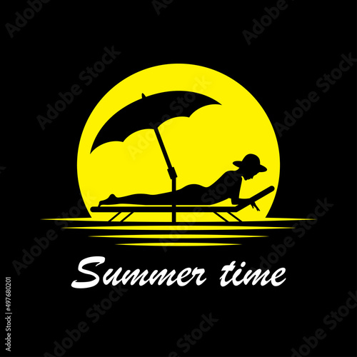 Summer time Logo. Woman sunbathing at sunset. Sun, Umbrella, Beach and Relaxing. Vector illustration on black background
