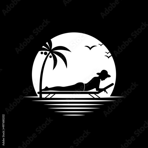 Sun and Relax. Woman sunbathing at sunset. Summer Beach Logo Images. Holidays design on black background. Vector illustration