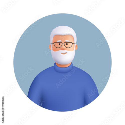 Senior man avatar. Smiling elderly man with beard with gray hair. 3d vector people character illustration. Cartoon minimal style.