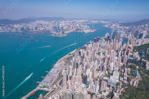 Epic aerial view of the Victoria Harbour, viewing from west