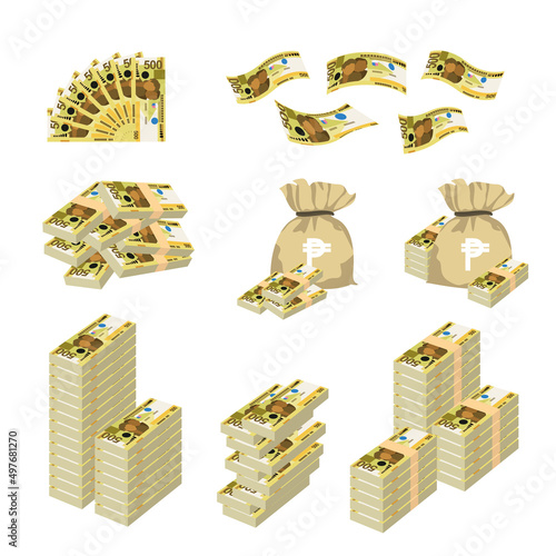 Philippine Peso Vector Illustration. Huge packs of Philippines money set bundle banknotes. Bundle with cash bills. Deposit, wealth, accumulation and inheritance. Falling money 500 PHP.