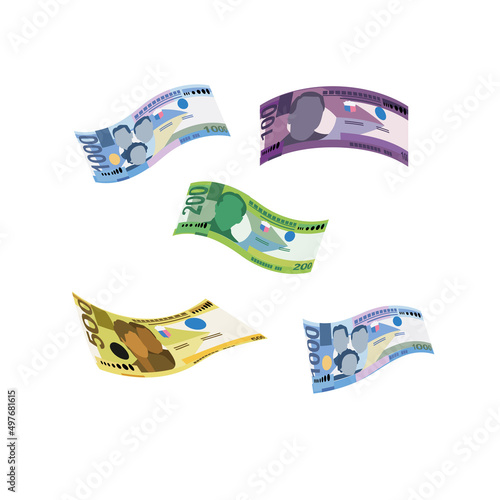 Philippine Peso Vector Illustration. Philippines money set bundle banknotes. Falling, flying money 100, 200, 500, 1000 PHP. Flat style. Isolated on white background. Simple minimal design.