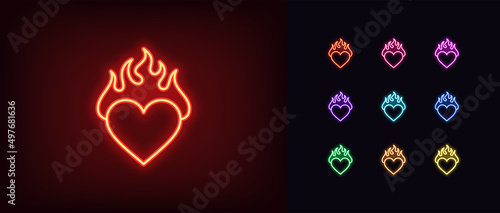 Outline neon burning heart icon. Glowing neon heart with fire, blazing love pictogram. Hot passion