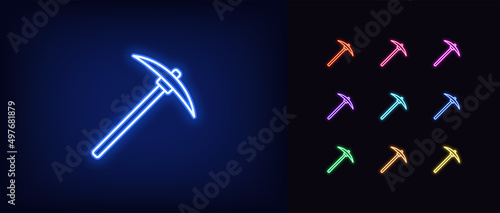 Outline neon pickaxe icon. Glowing neon pickaxe silhouette, crypto mining pictogram