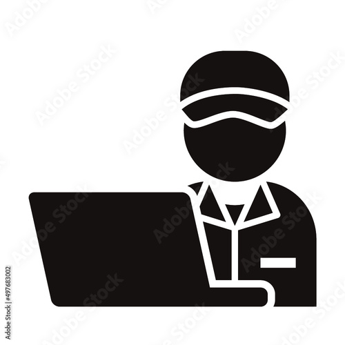 パソコンを操作する作業員のシンプルモノクロアイコン/白背景